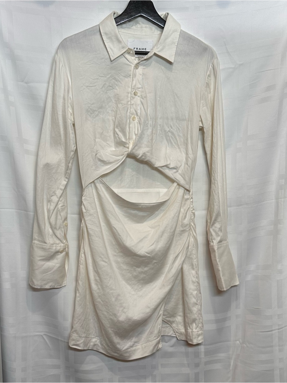 FRAME Off-White Twist Front Cut Out Mini Shirt Dress Long Sleeve